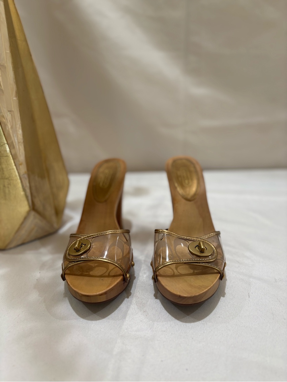 Coach Clear Slide Mules in Tan with Gold Hardware